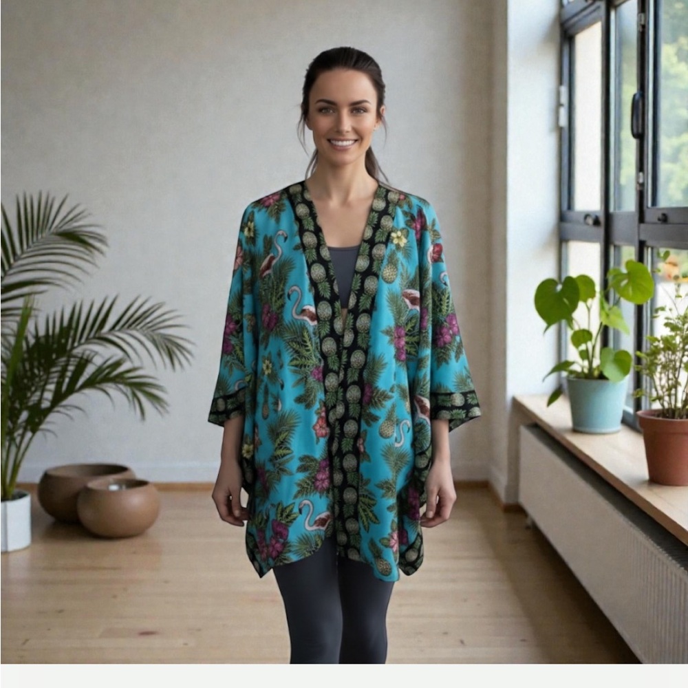 Quaker Factory Turquoise Tropical Flamingo Print Open Front Kimono Cover-Up 1X